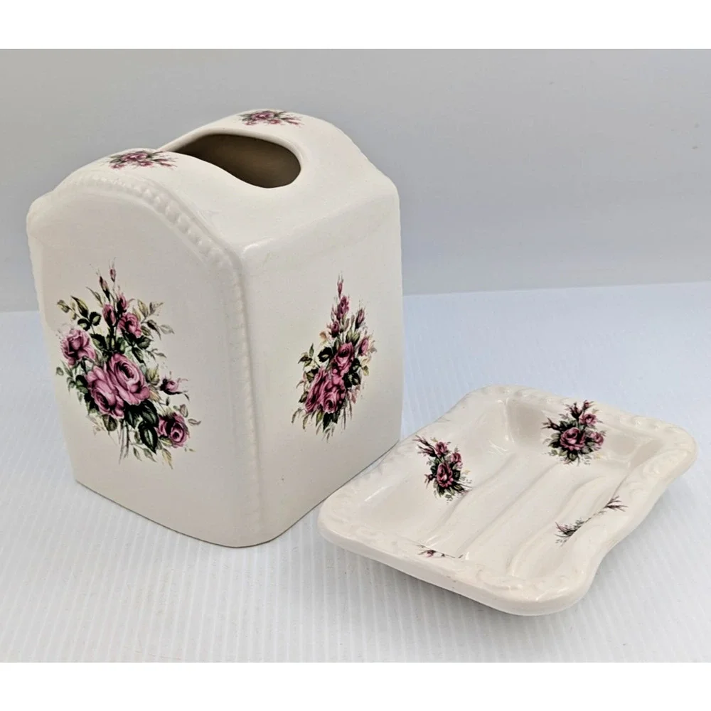 Athena California Pottery Roses Floral Rose Rhapsody Tissue Box Holder Soap Dish